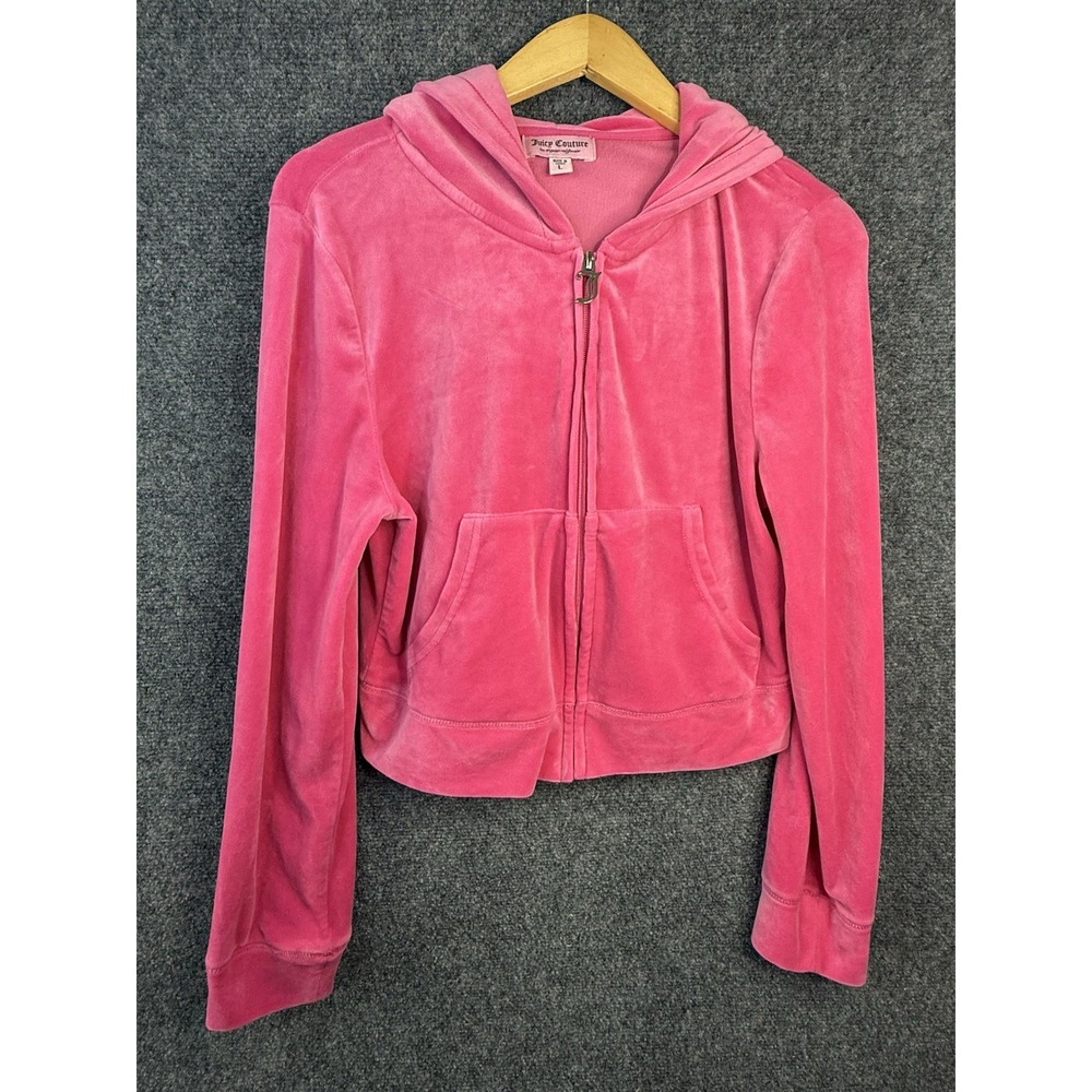 JUICY COUTURE OG Big Bling Velour Zip-Up Hoodie Hot Pink Size Large Cropped